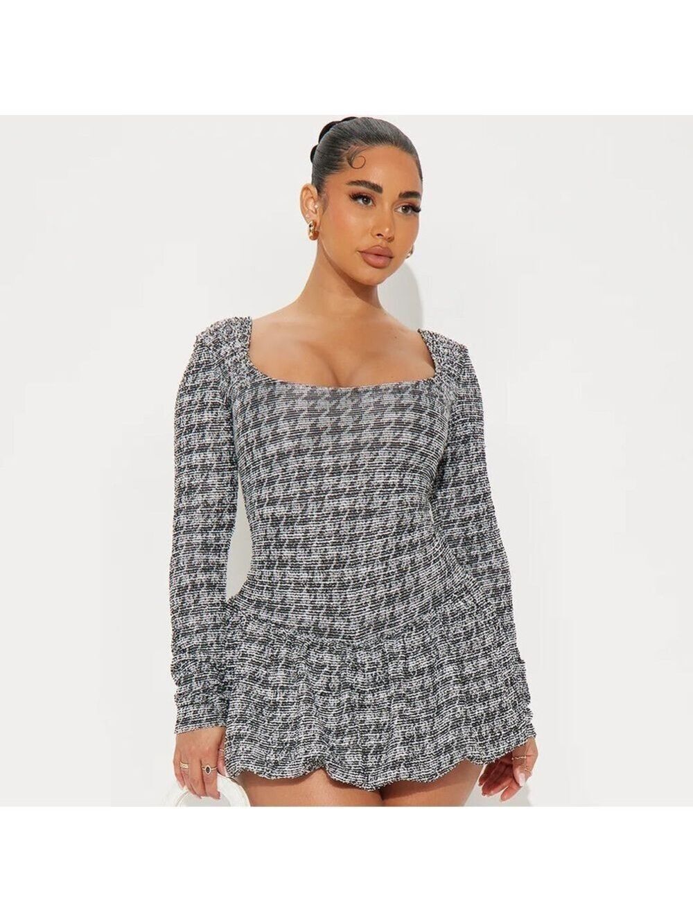 Fashion Nova Tweed Mini Dress Bubble Hem Black White Large $40 NWT Coquette